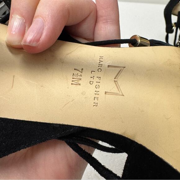 Marc Fisher Black Suede Strappy Lace Up Stiletto Heels Womens 7.5 Mllarsa Fringe - Picture 9 of 10